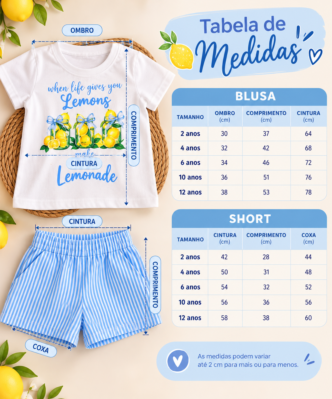 Conjunto Tshirt lemonade e short em listras em algodão, tecido leve e soltinho