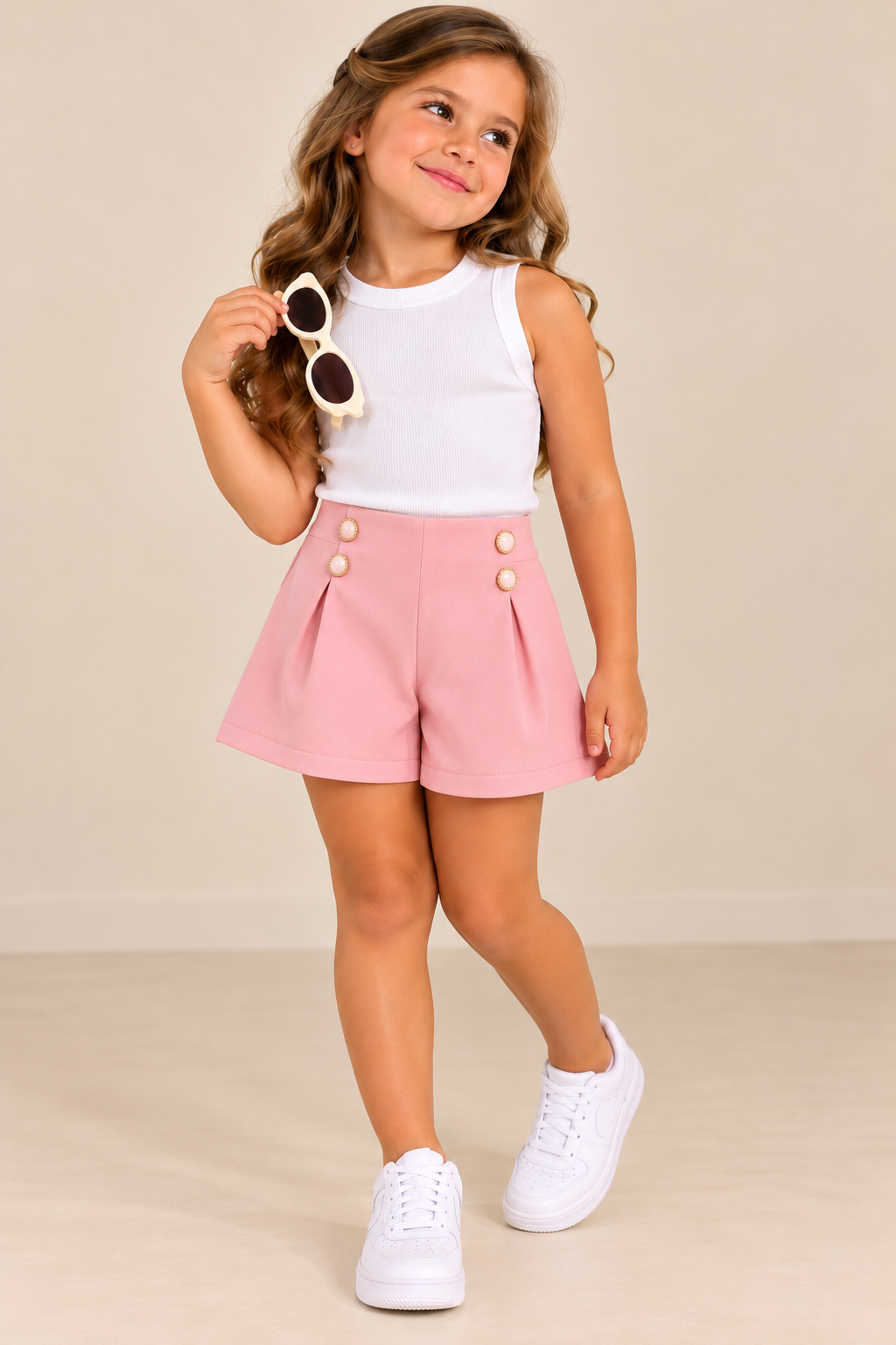 Short Infantil alfaiataria com Botões Dourados e perolados