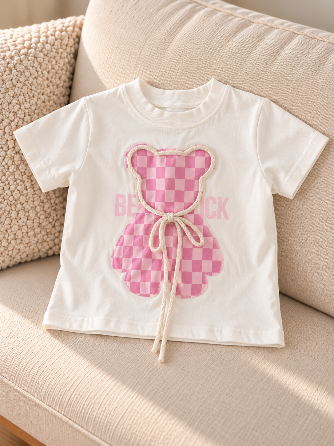 T-shirt Infantil Ursinho Xadrez Rosa 🎀