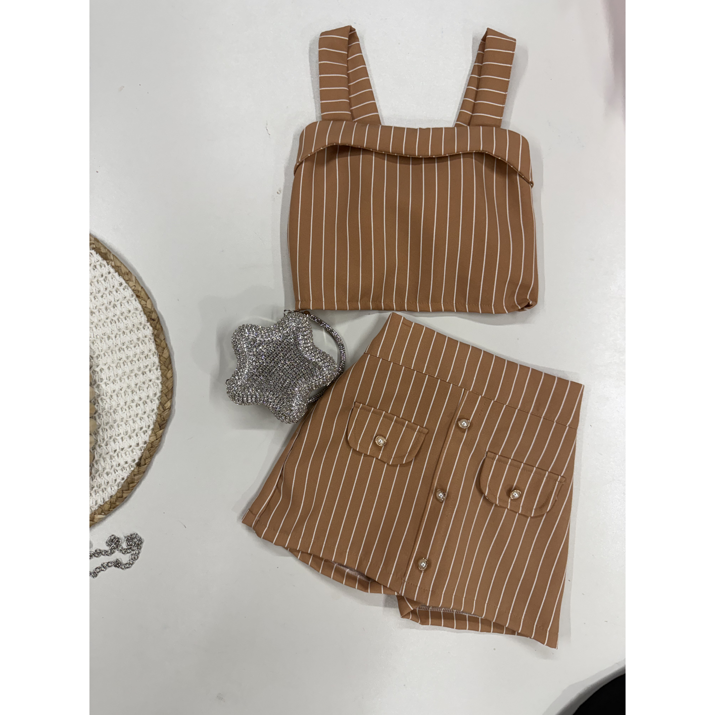 Conjunto Infantil Alfaiataria Listrado Nude | Dinda Kids