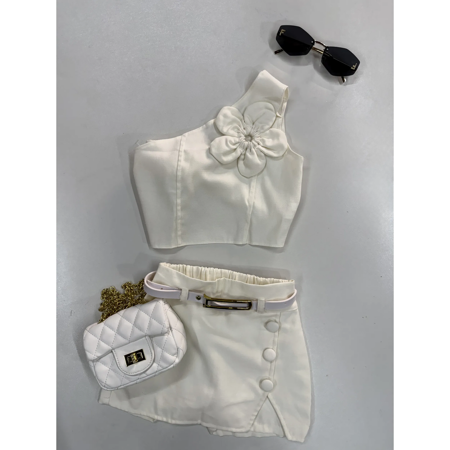Conjunto Infantil Alfaiataria com Flor Off White | Dinda Kids