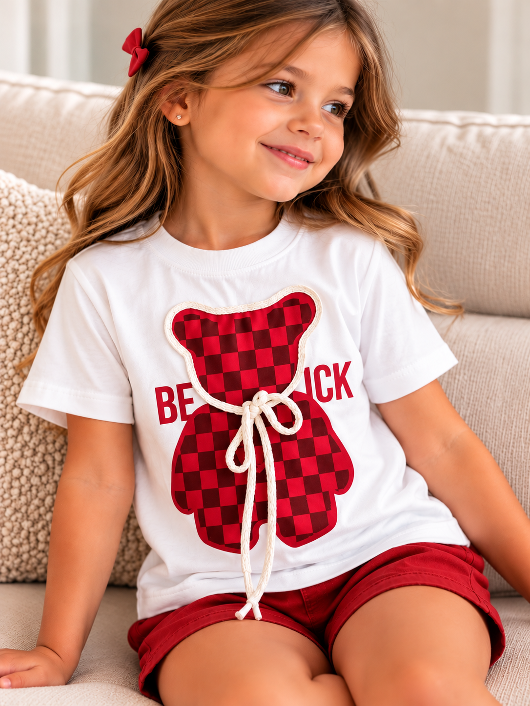 T-shirt Infantil Ursinho Xadrez vermelho