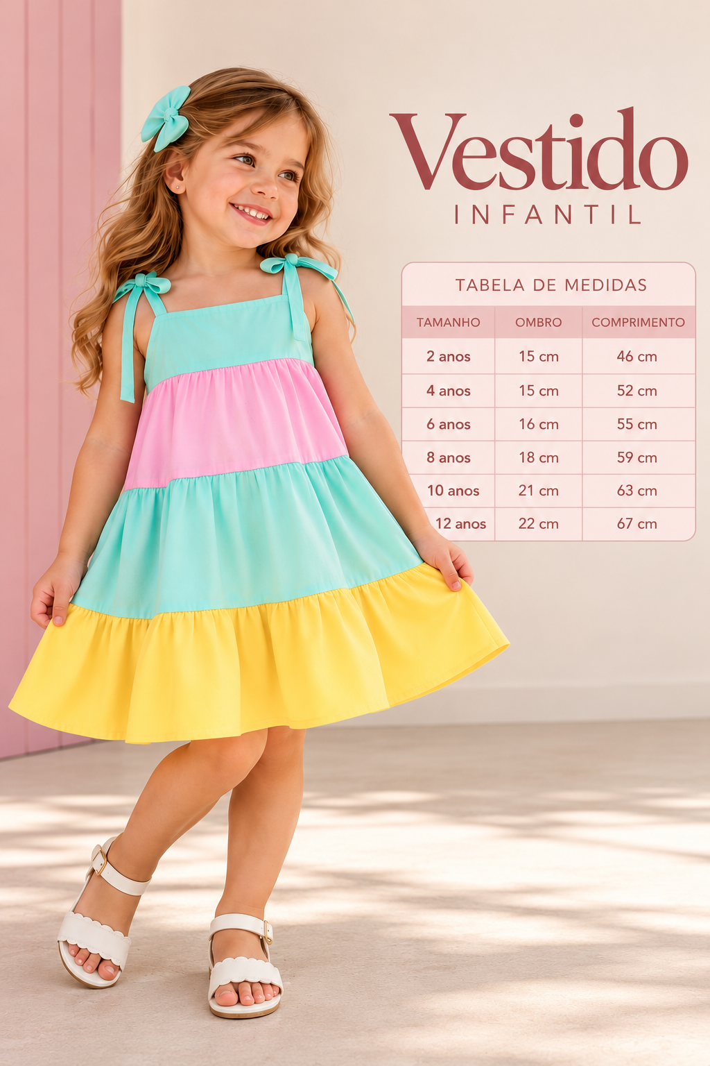 Vestido Infantil Colorê Candy com amarração 🍭💗
