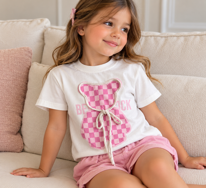 T-shirt Infantil Ursinho Xadrez Rosa 🎀