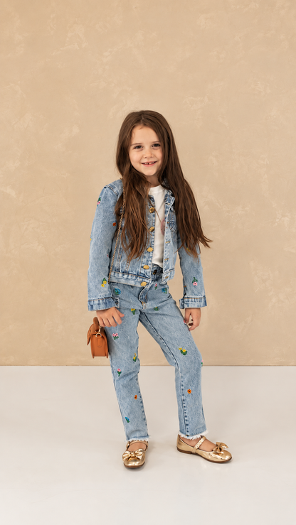 Conjunto Jeans Infantil Bordado Cintura Ajustável | Dinda Kids