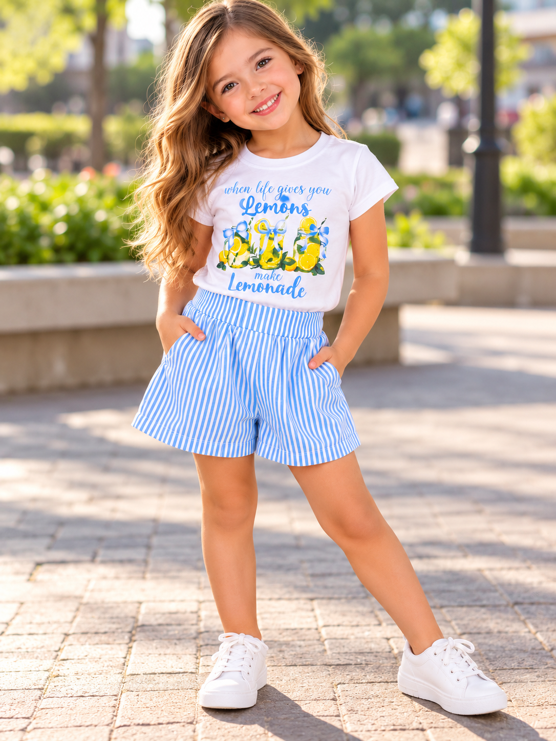 Conjunto Tshirt lemonade e short em listras em algodão, tecido leve e soltinho
