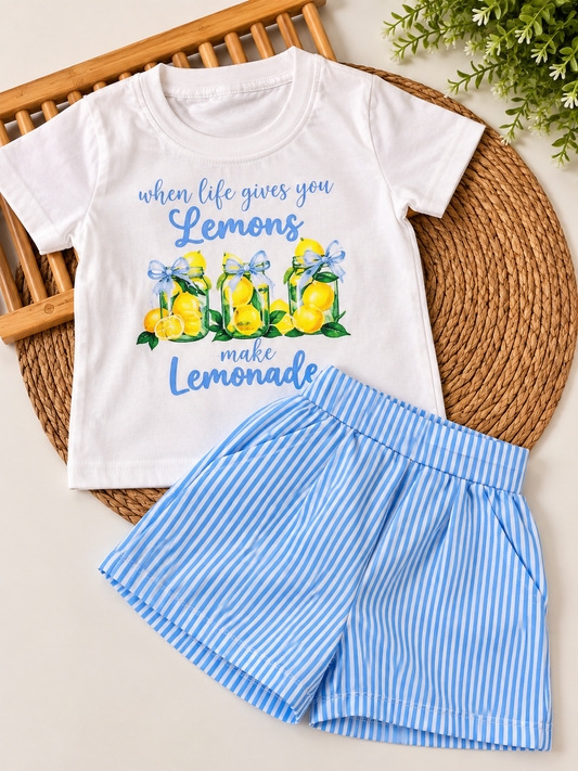 Conjunto Tshirt lemonade e short em listras em algodão, tecido leve e soltinho