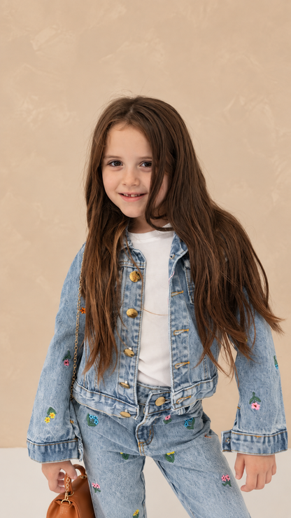 Conjunto Jeans Infantil Bordado Cintura Ajustável | Dinda Kids