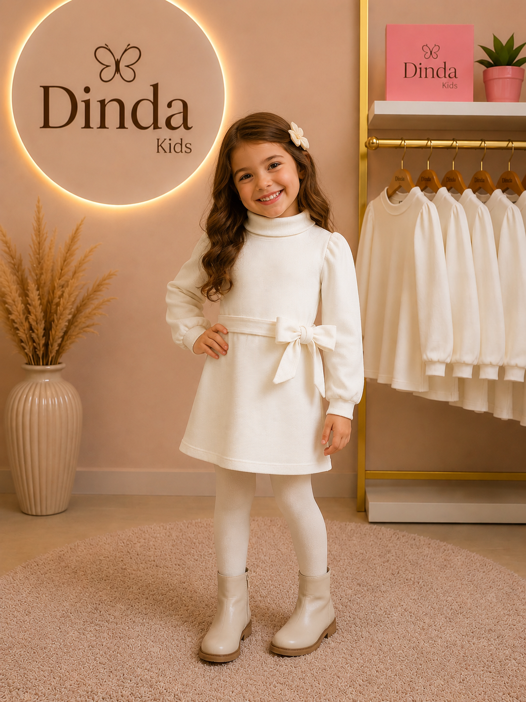 Vestido Infantil de Inverno com Gola e Cinto Off-White