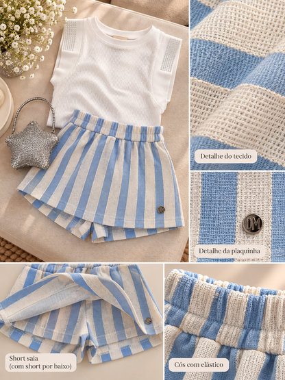 Conjunto short saia listrado em linho e blusa com strass