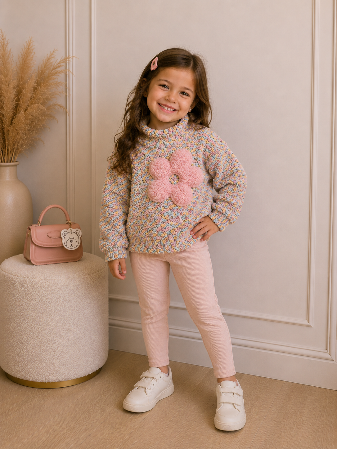 Blusão Infantil Mesclado em Tricot Pipoca com Aplicação Bordada