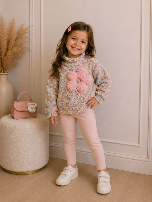Blusão Infantil Mesclado em Tricot Pipoca com Aplicação Bordada