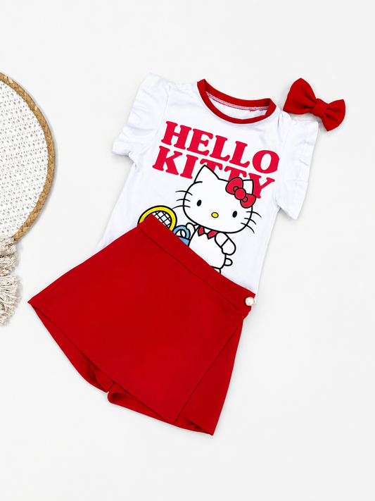 Conjunto Infantil Hello Kitty com T Shirt em Algodão, Short Saia em Crepe e Laço de Cabelo