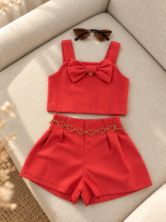 Conjunto Infantil em Linho com Cropped de Laço e Short com Elástico nas Costas