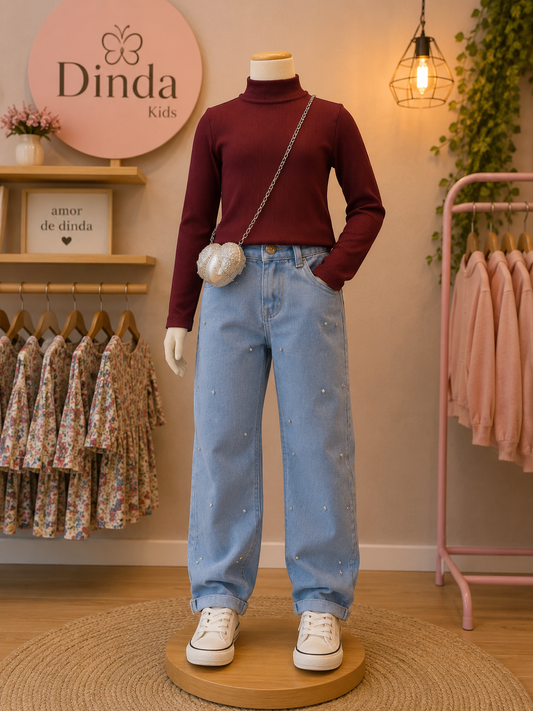 Calça Jeans Wide Leg Infantil com Strass e Pérolas