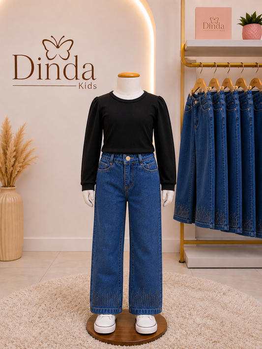 Calça Jeans Wide Leg Infantil com Brilhos na Barra