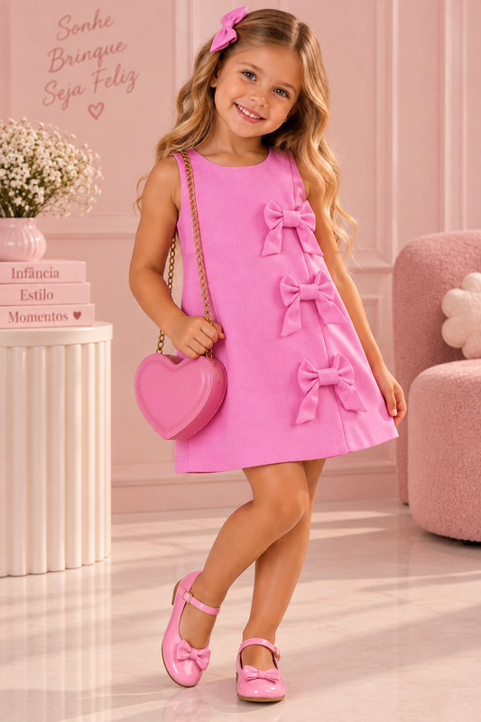 Vestido Infantil Alfaiataria com Laços Rosa | Dinda Kids