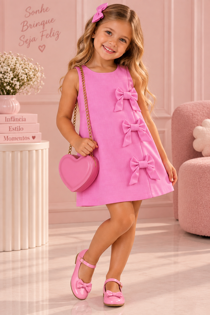 Vestido Infantil Alfaiataria com Laços Rosa | Dinda Kids