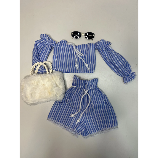 Conjunto Infantil Cropped e Short Tricoline Listrado | Dinda Kids