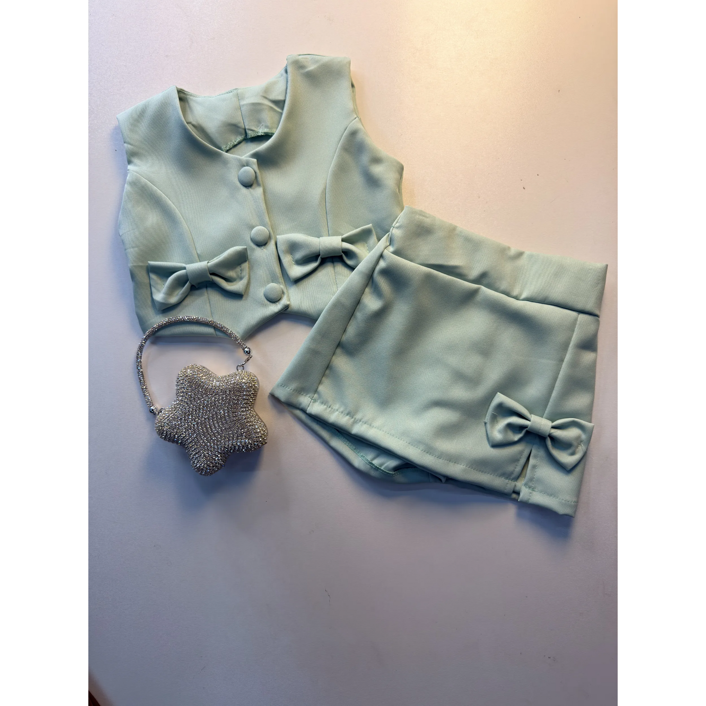 Conjunto Infantil Colete Short Saia Alfaiataria Verde | Dinda Kids