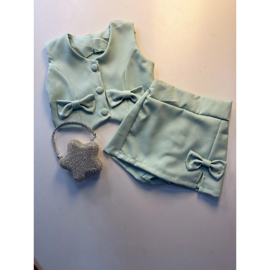Conjunto Infantil Colete Short Saia Alfaiataria Verde | Dinda Kids