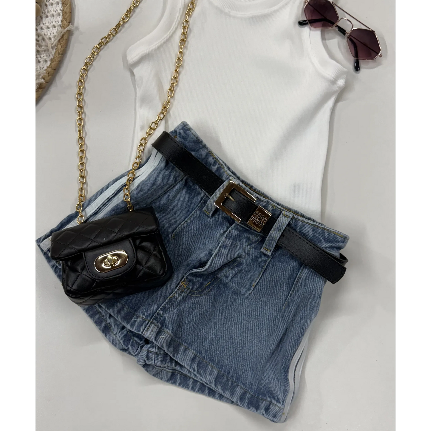 Short Saia Jeans Infantil com Listras Laterais | Dinda Kids