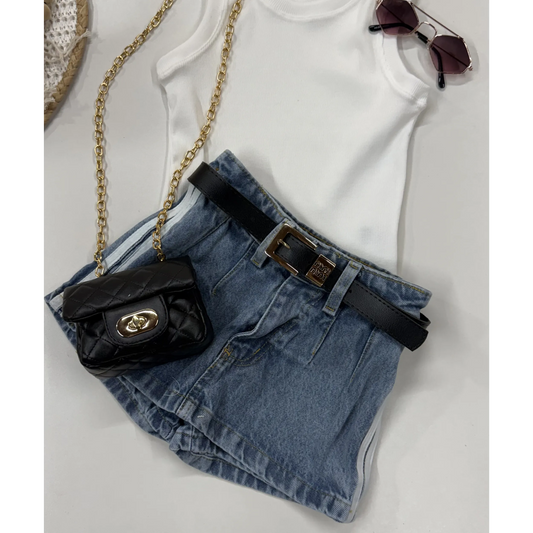 Short Saia Jeans Infantil com Listras Laterais | Dinda Kids