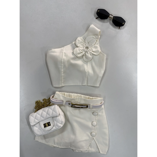 Conjunto Infantil Alfaiataria com Flor Off White | Dinda Kids