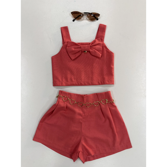 Conjunto Infantil Linho Short e Cropped Laço | Dinda Kids