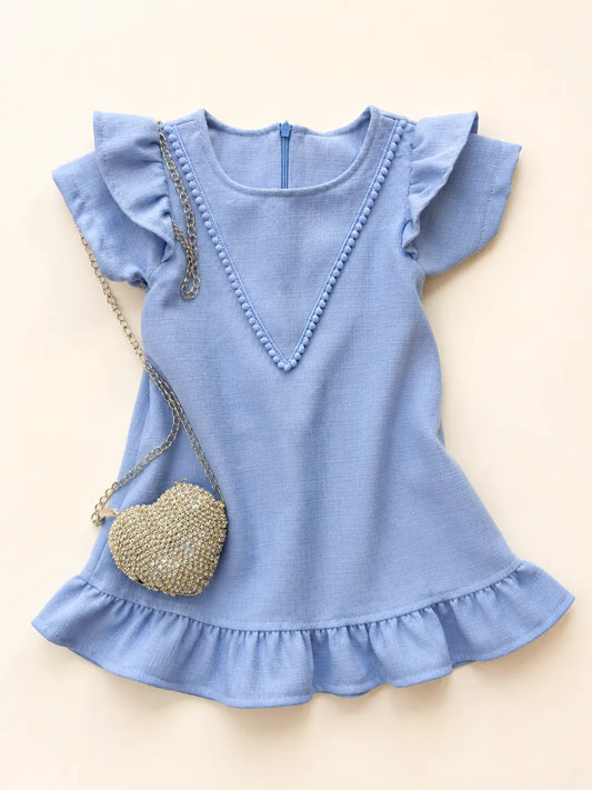 Vestido Infantil Linho Azul com Babados | Dinda Kids