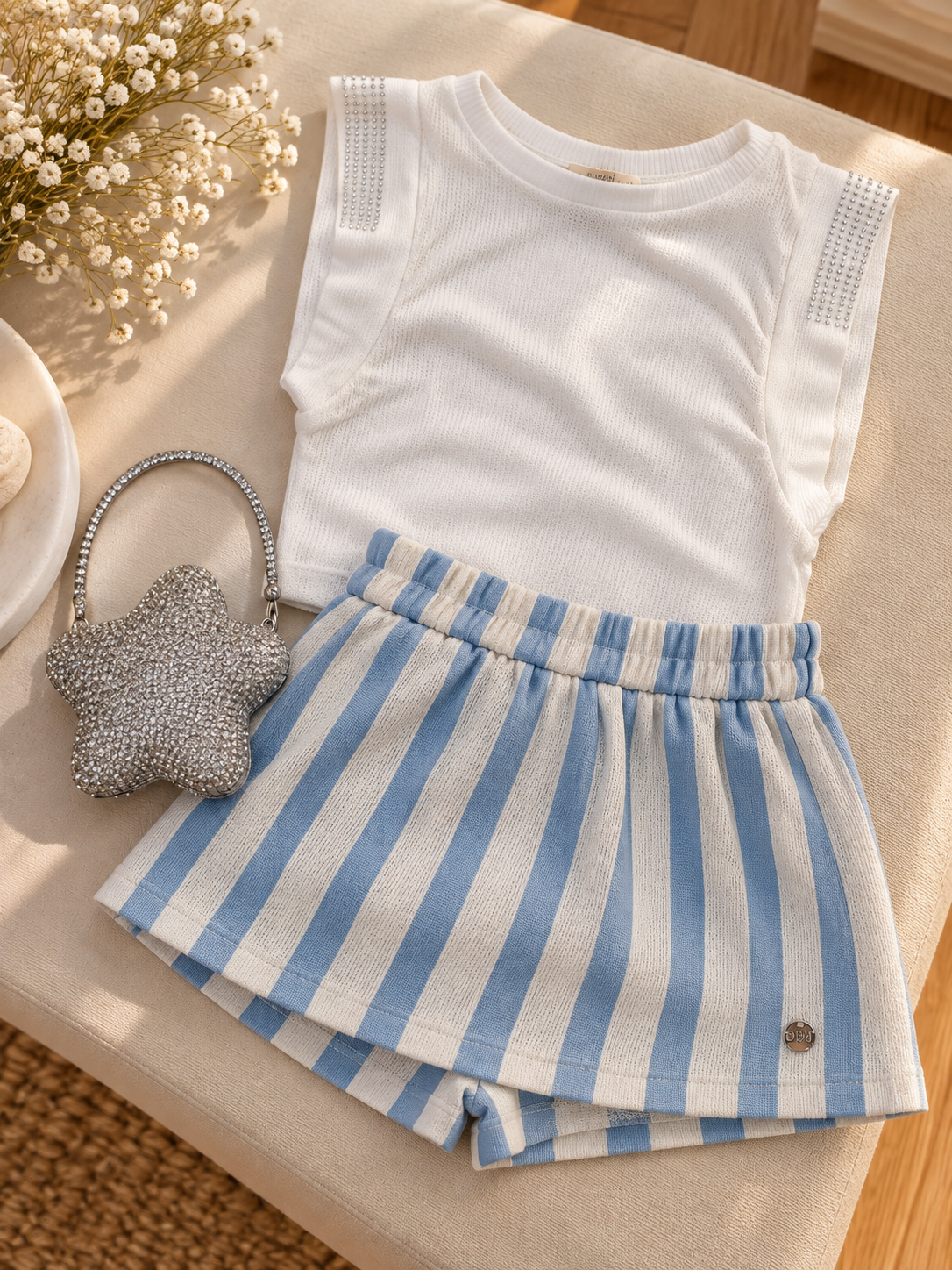 Conjunto short saia listrado em linho e blusa com strass