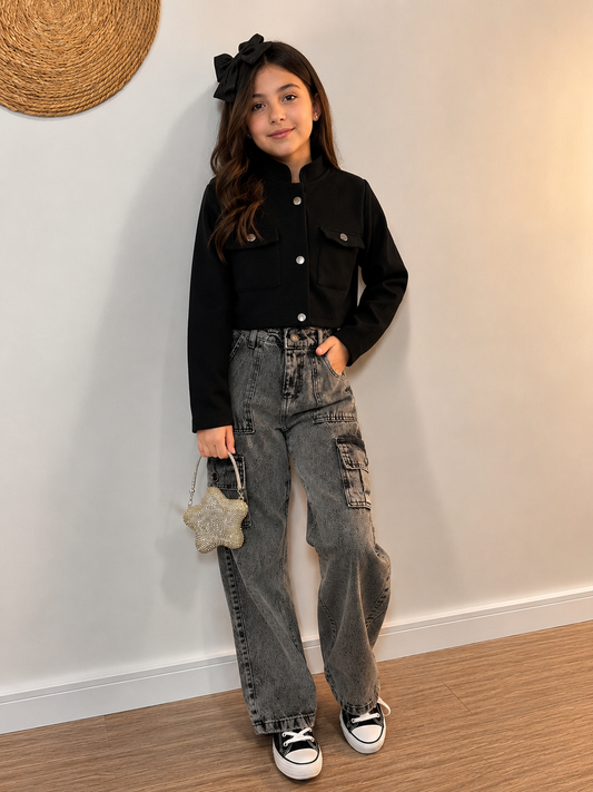 Calça Jeans Cargo Infantil Wide Leg Estonada