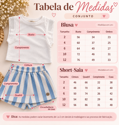 Conjunto short saia listrado em linho e blusa com strass