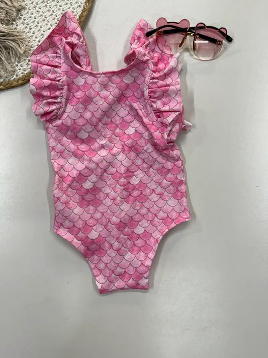 Maiô Infantil em Poliamida e Elastano com Costas Nuas e Estampa Sereia