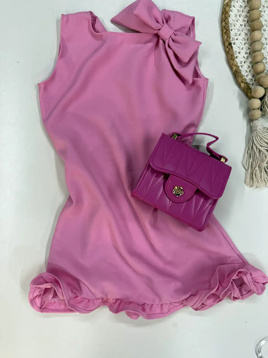 Vestido Infantil em Alfaiataria com Laço no Ombro e Babados na Bainha