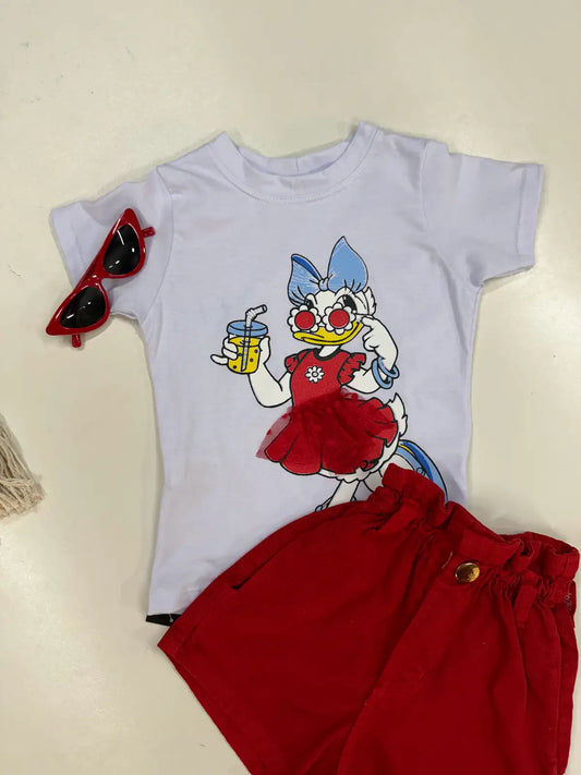 T Shirt Infantil em Algodão com Estampa Daisy Duck e Detalhes em Tule