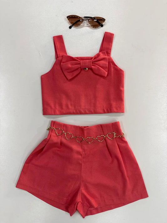 Conjunto Infantil em Linho com Cropped de Laço e Short com Elástico nas Costas