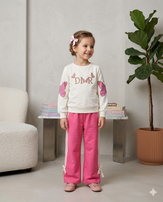 Conjunto Infantil de Moletom 100% Algodão com Borboletas nos Braços e Calça Wide Leg