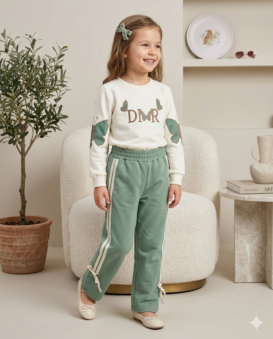 Conjunto Infantil de Moletom 100% Algodão com Blusa de Borboleta e Calça Wide Leg