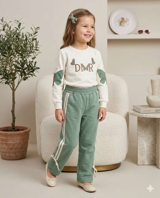 Conjunto Infantil de Moletom 100% Algodão com Blusa de Borboleta e Calça Wide Leg