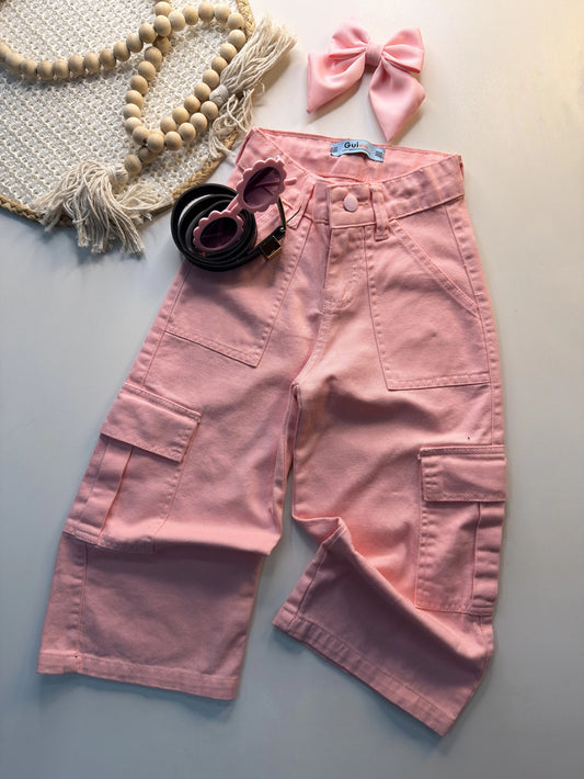 Calça Jeans Cargo Wide Leg Infantil com Ajuste na Cintura