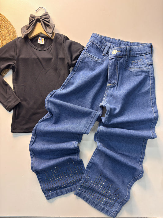 Calça Jeans Wide Leg Infantil com Brilhos na Barra