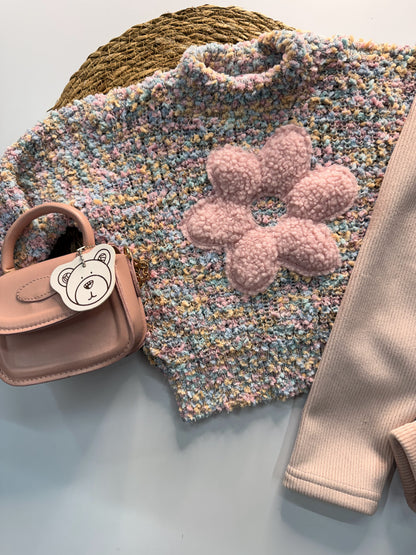 Blusão Infantil Mesclado em Tricot Pipoca com Aplicação Bordada