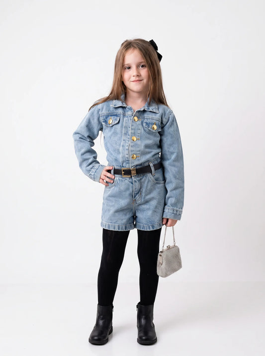 Macaquinho Jeans Infantil Cintura Elástica | Dinda Kids