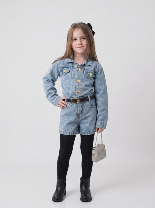 Macaquinho Jeans Infantil Cintura Elástica | Dinda Kids
