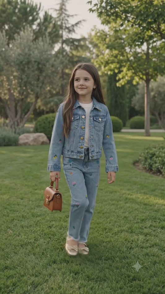 Conjunto Jeans Infantil Bordado Cintura Ajustável | Dinda Kids